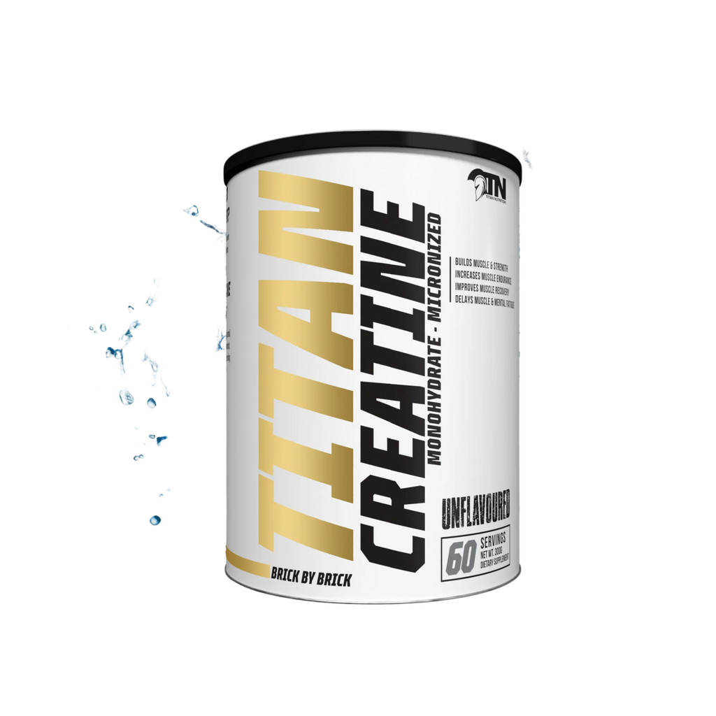 Titan Creatine supplement container on a white background with water droplets.