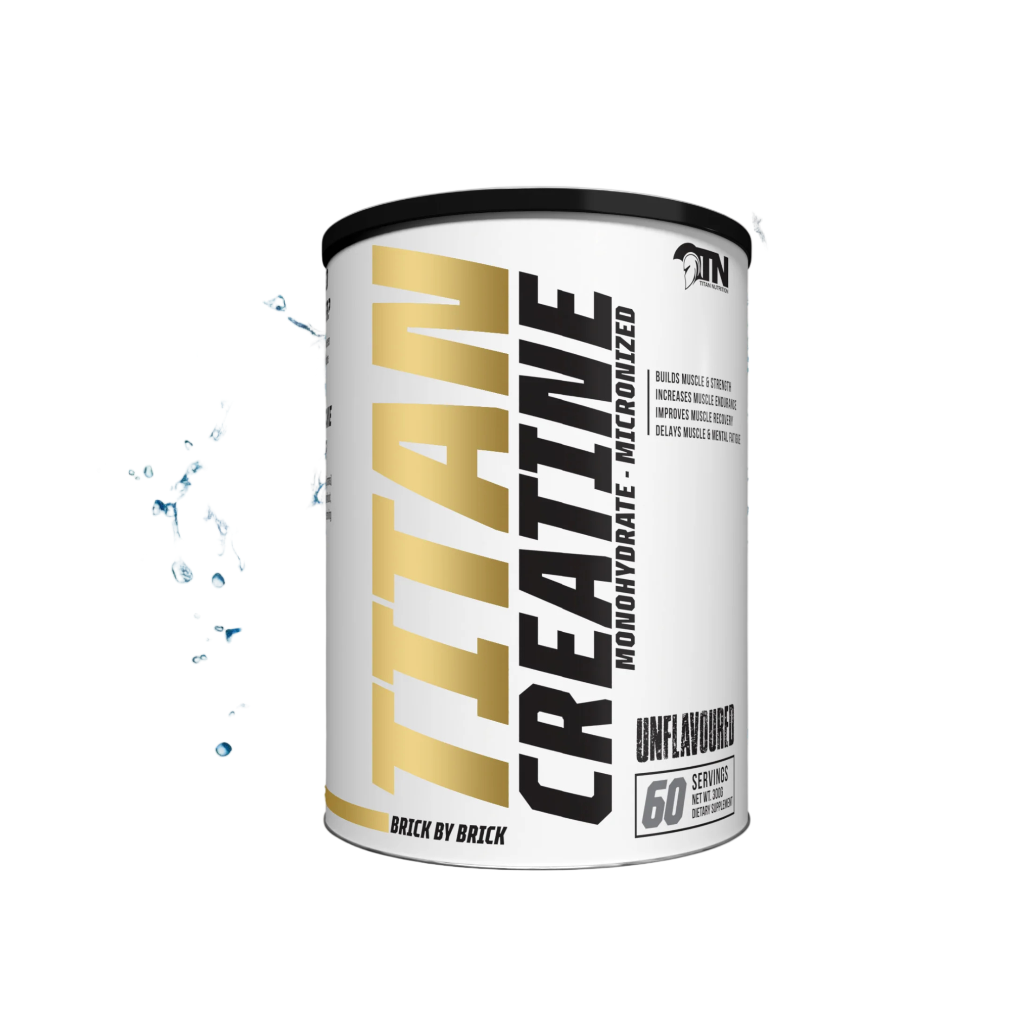 Titan Creatine supplement container on a white background with water droplets.