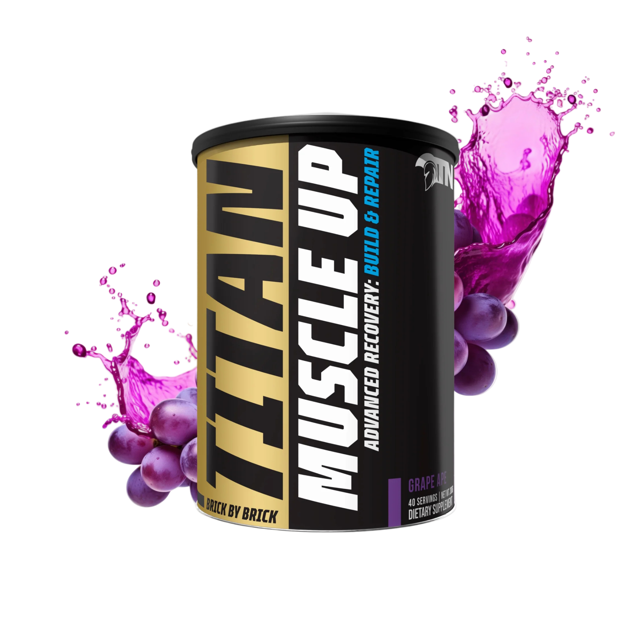 Titan Muscle Up supplement container with purple grapes and liquid splash on a white background